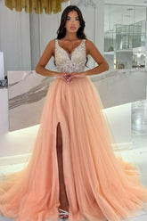 Beautiful Pink Spaghetti Strap V-Neck A-line Beaded Sleeveless Long Split Front Tulle Evening Dresses With Rhinestone